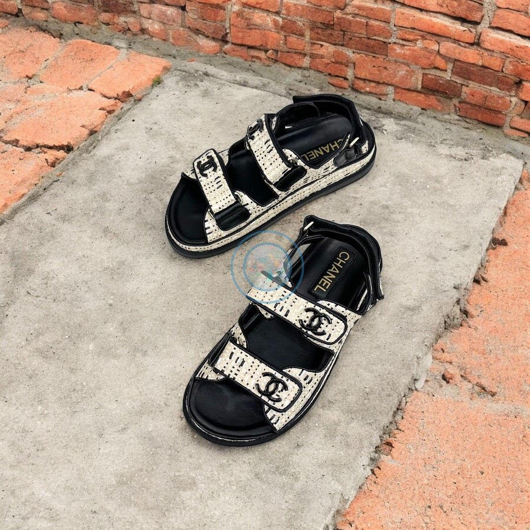 Chanel Tweed Dad Sandals - White/Black