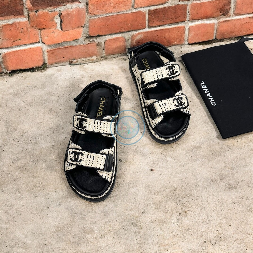 Chanel Tweed Dad Sandals - White/Black